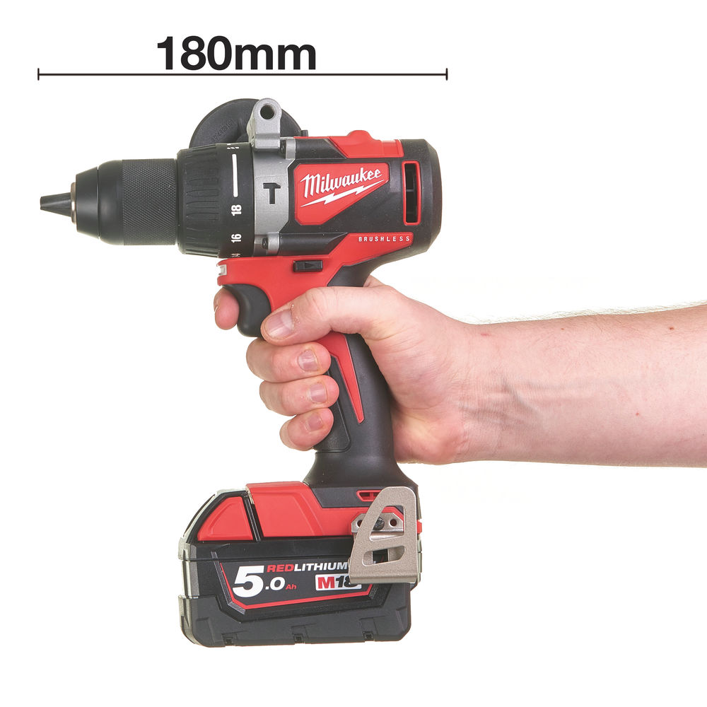 Taladro compacto percutor M18 Brushless SIN ESCOBILLAS, 82Nm, Red Lithium 5,0Ah con HD Box