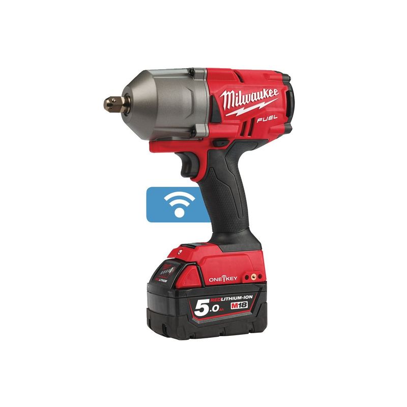 M18ONEFHIWP12-502X Llave de impacto de alto par M18 FUEL™ ONE-KEY™, recepción 1/2" con pin de retención, 4 modos, máximo par de apriete 1071Nm, máximo par de desapriete 1491Nm. Se suministra con 2 baterías M18B5 y cargador rápido M12-18FC, en HD-box
