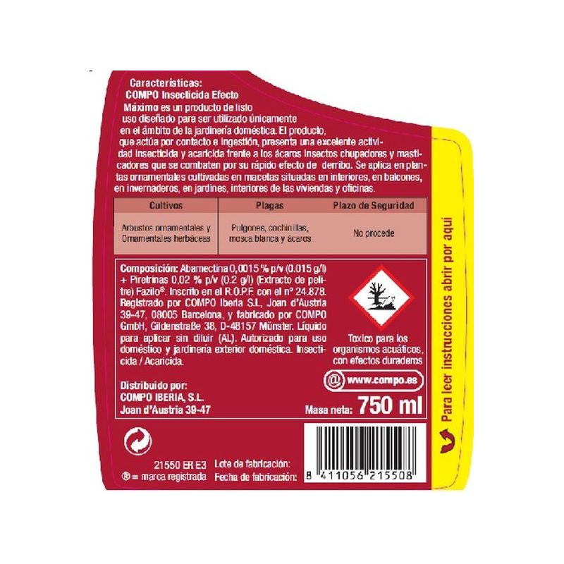 INSECTICIDA PLANT EFECTO MAXIMO COMPO 2215502011 750 ML     